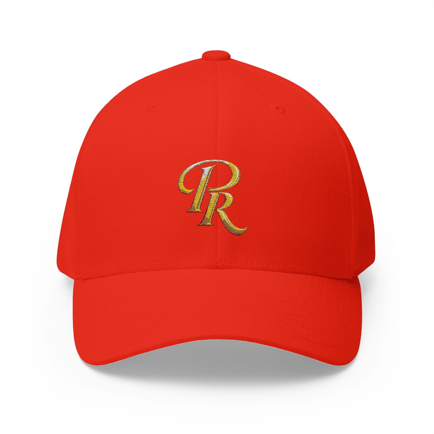 Embroidered Gold Script 'PR' Cap — Structured Closed-Back Baseball Hat