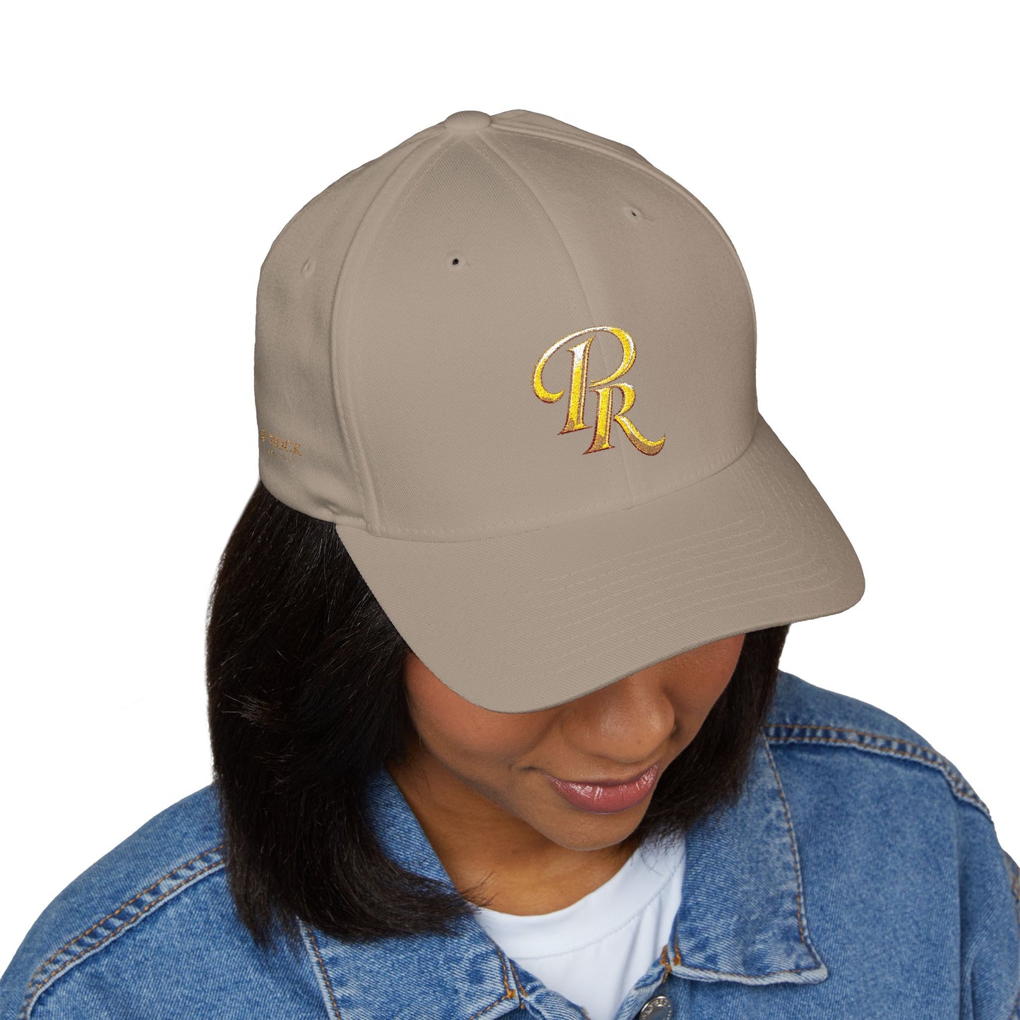 Embroidered Gold Script 'PR' Cap — Structured Closed-Back Baseball Hat