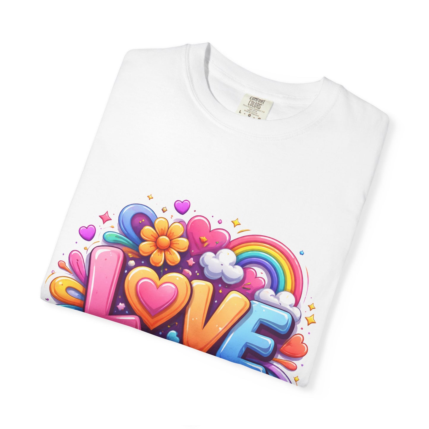 Love Pop Art T-Shirt — Colorful Rainbow Heart & Flower Graphic Tee